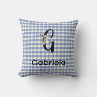 Monogram flower gingham blue green pattern throw pillow