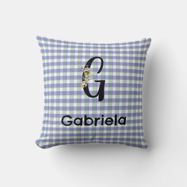 Monogram  flower gingham blue green pattern throw pillow (Front)