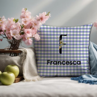 Monogram flower gingham blue green pattern throw pillow