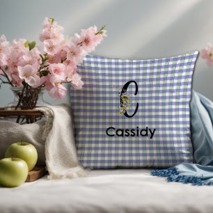 Monogram flower gingham blue green pattern throw pillow
