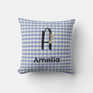 Monogram  flower gingham blue green pattern throw pillow