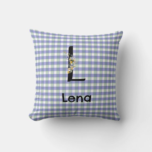 Monogram  flower gingham blue green pattern throw pillow (Front)