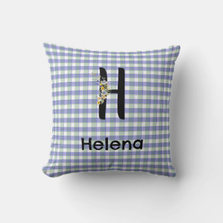 Monogram flower gingham blue green pattern throw pillow
