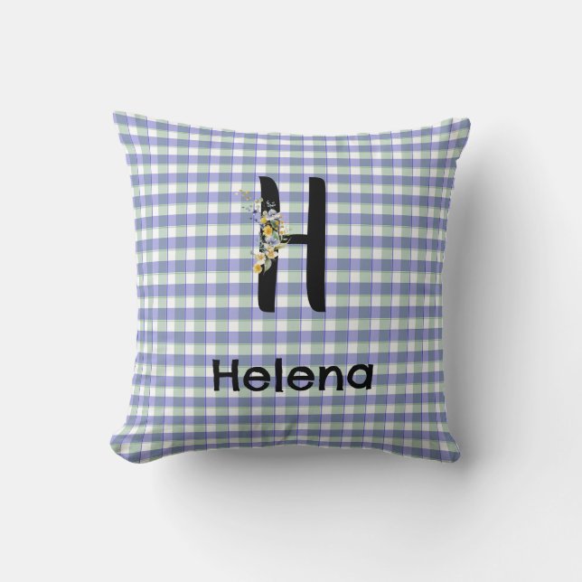 Monogram  flower gingham blue green pattern throw pillow (Front)