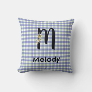 Monogram  flower gingham blue green pattern throw pillow