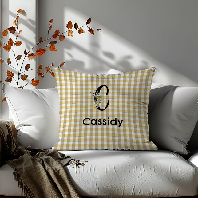 Monogram  flower gingham blue grey pattern throw pillow (Creator Uploaded)