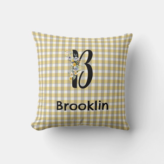 Monogram flower gingham blue grey pattern throw pillow (Front)