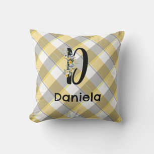 Monogram flower gingham blue grey throw pillow