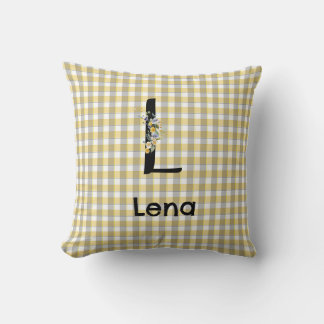 Monogram  flower gingham yellow grey pattern throw pillow