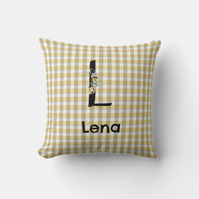 Monogram  flower gingham yellow grey pattern throw pillow (Front)