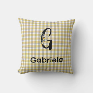 Monogram flower gingham yellow grey pattern throw pillow