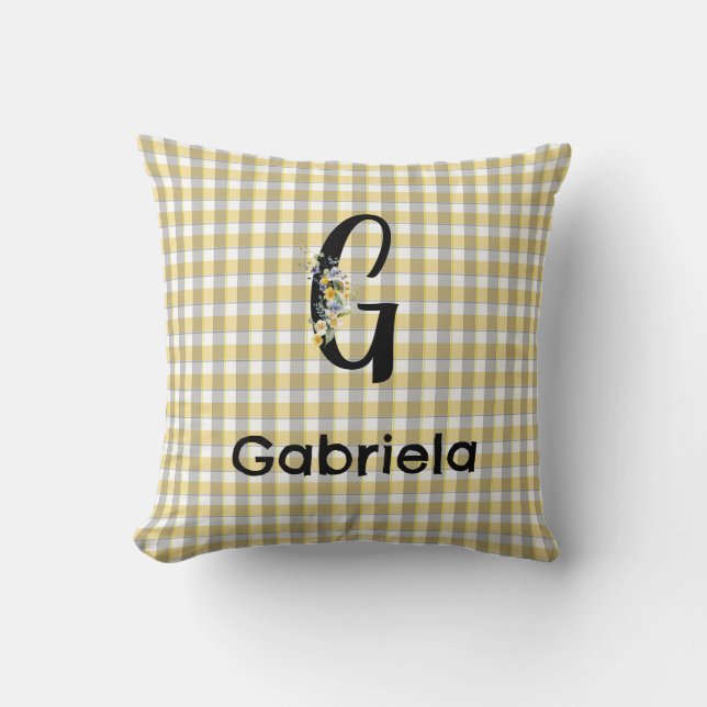 Monogram  flower gingham yellow grey pattern throw pillow (Front)