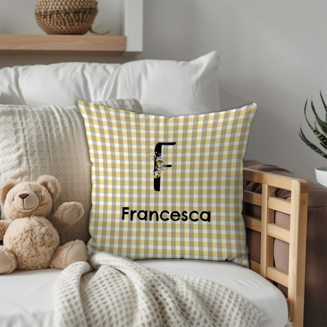 Monogram  flower gingham yellow grey pattern throw pillow (Creator Uploaded)