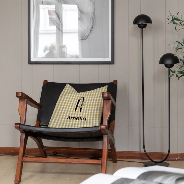 Monogram  flower gingham yellow grey pattern throw pillow (Creator Uploaded)