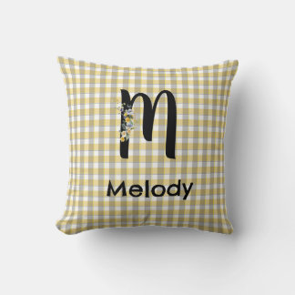 Monogram  flower gingham yellow grey pattern throw pillow