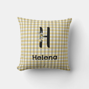Monogram flower gingham yellow grey pattern throw pillow