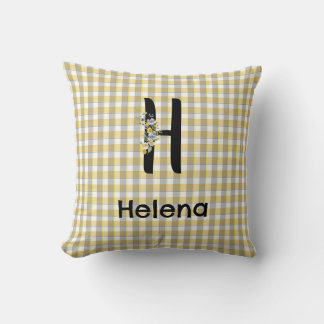 Monogram flower gingham yellow grey pattern throw pillow