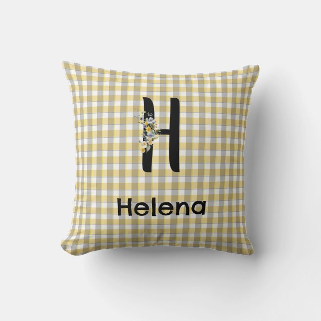 Monogram  flower gingham yellow grey pattern throw pillow (Front)
