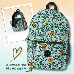 Monogram Flower Pattern orangeSwirlBerry Turquoise Printed Backpack