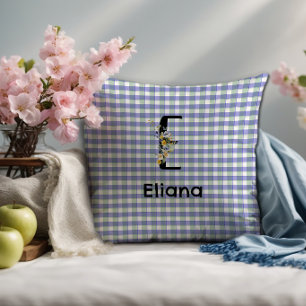 Monogram flower retro gingham blue green throw pillow