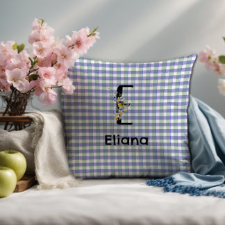 Monogram flower retro gingham blue green throw pillow