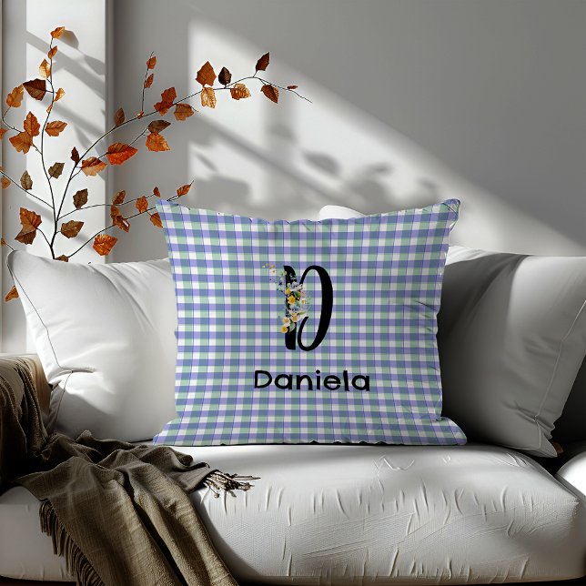 Monogram  flower retro gingham blue green  throw pillow (Creator Uploaded)