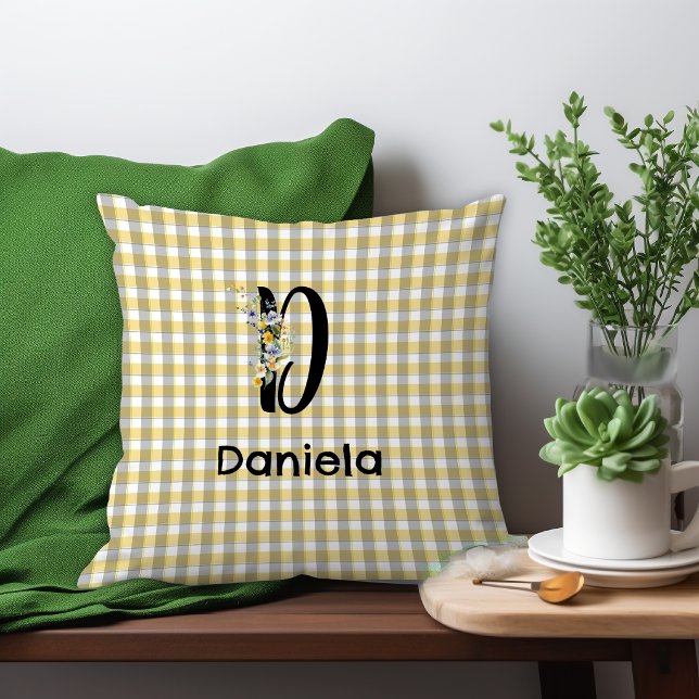 Monogram  flower retro gingham blue grey  throw pillow (Creator Uploaded)
