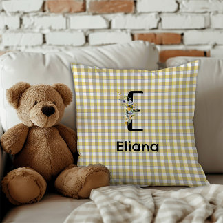 Monogram flower retro gingham blue grey throw pillow