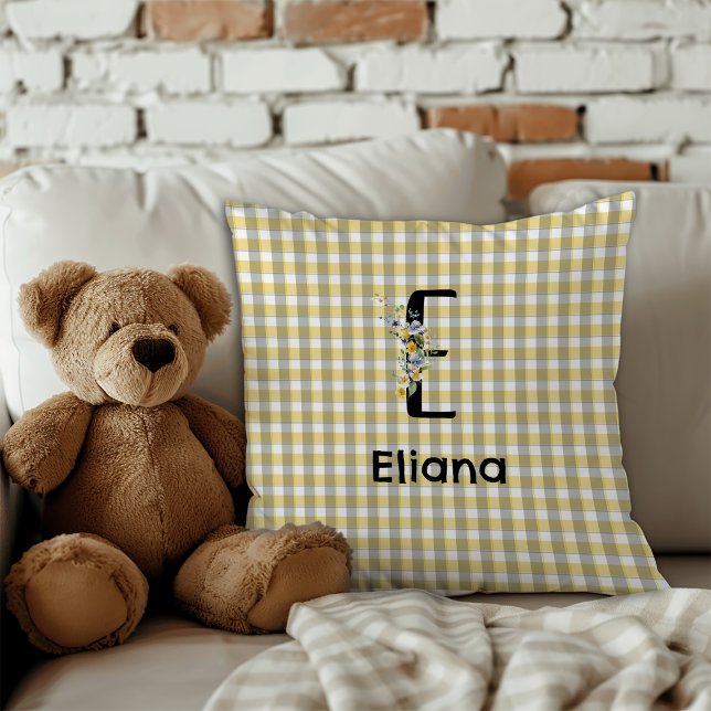 Monogram  flower retro gingham blue grey  throw pillow (Creator Uploaded)