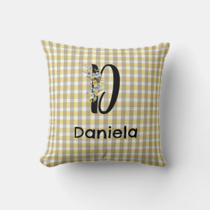 Monogram flower retro gingham blue grey throw pillow