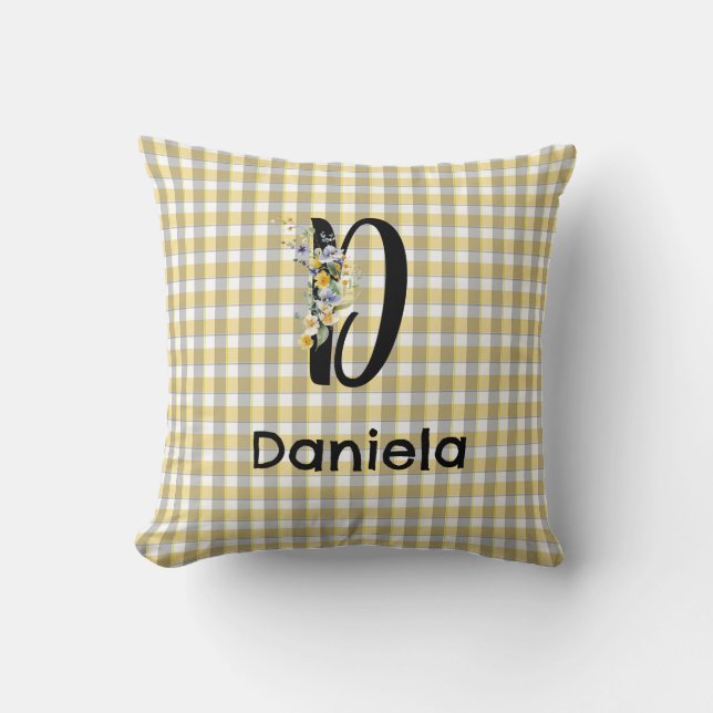 Monogram  flower retro gingham blue grey  throw pillow (Front)