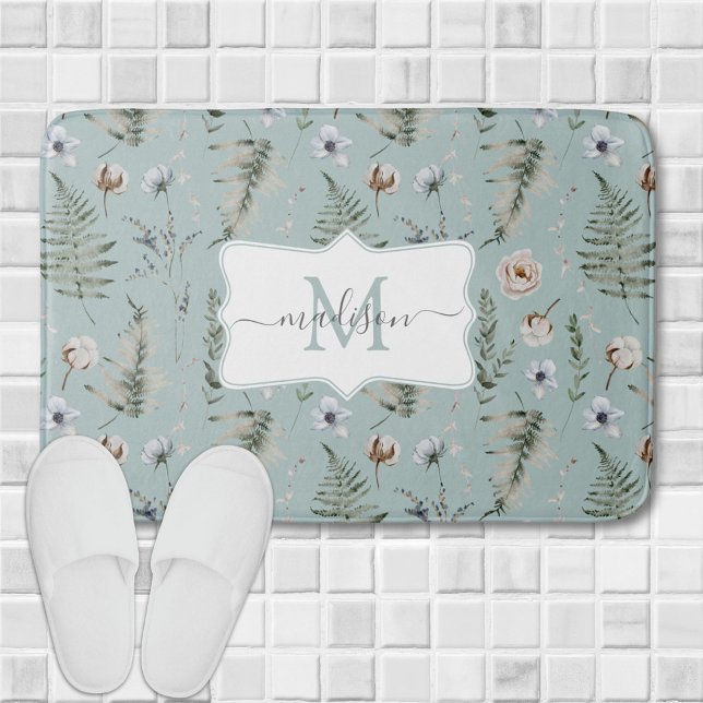 Monogram Flowers and Fern Leaves Floral Botanical Bath Mat (In situ)