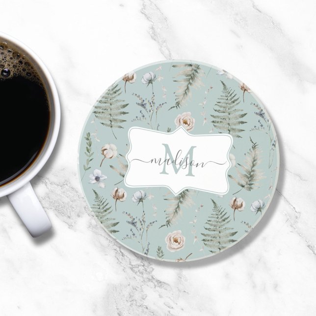 Monogram Flowers and Fern Leaves Floral Botanical Coaster (In situ)
