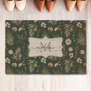 Monogram Flowers and Fern Leaves Floral Botanical Fiber Doormat