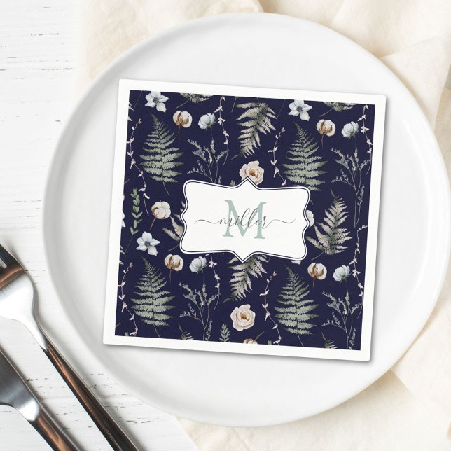 Monogram Flowers and Fern Leaves Floral Botanical Napkins (In situ)