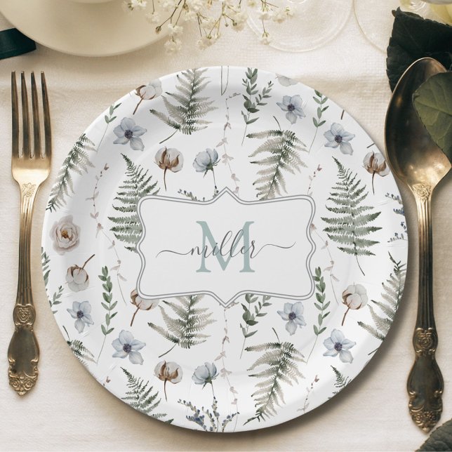 Monogram Flowers and Fern Leaves Floral Botanical Paper Plates (In situ)