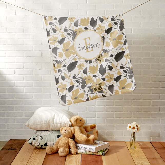 Monogram Flowers  Baby Blanket (Monogram Clematis Yellow Gray Flowers Baby Blanket from Studio Posies.)