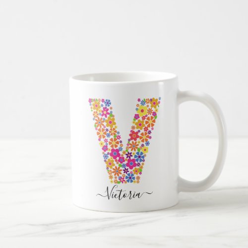 Monogram Flowers Custom Text _ Floral Letter V Coffee Mug