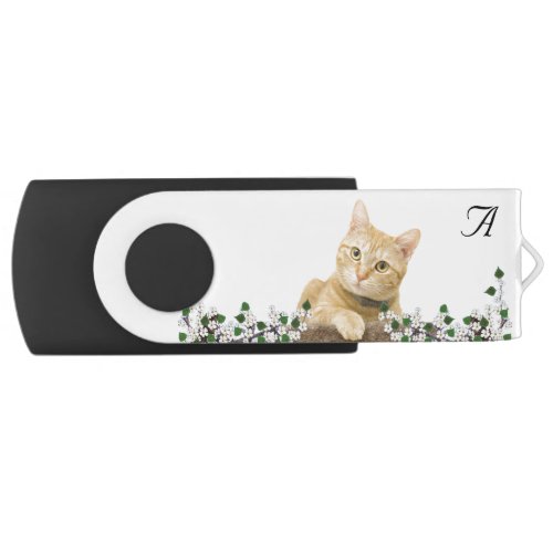 Monogram Flowers  Ginger Tabby Cat Flash Drive