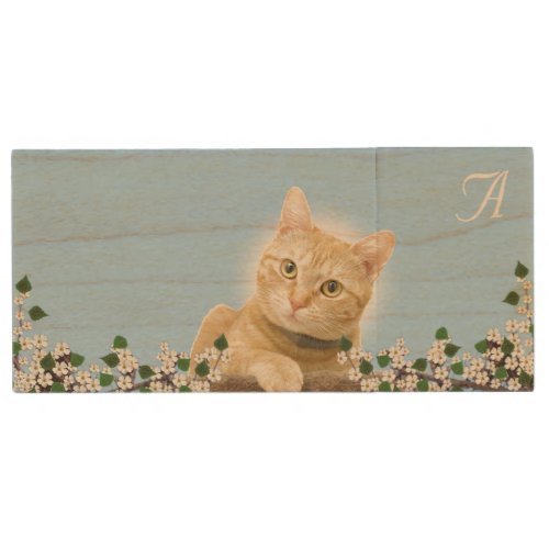 Monogram Flowers  Ginger Tabby Cat on Light Blue Wood Flash Drive