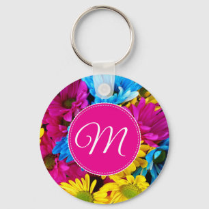 Monogram Flowers in Fluorescent Colors Keychain