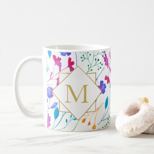 Monogram Fluro Floral Bold Colour White Mug