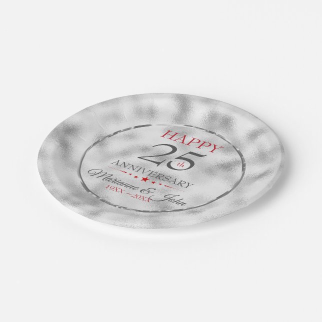 Monogram Foggy Light Gray Glass- 25th Anniversary Paper Plates (Angled)