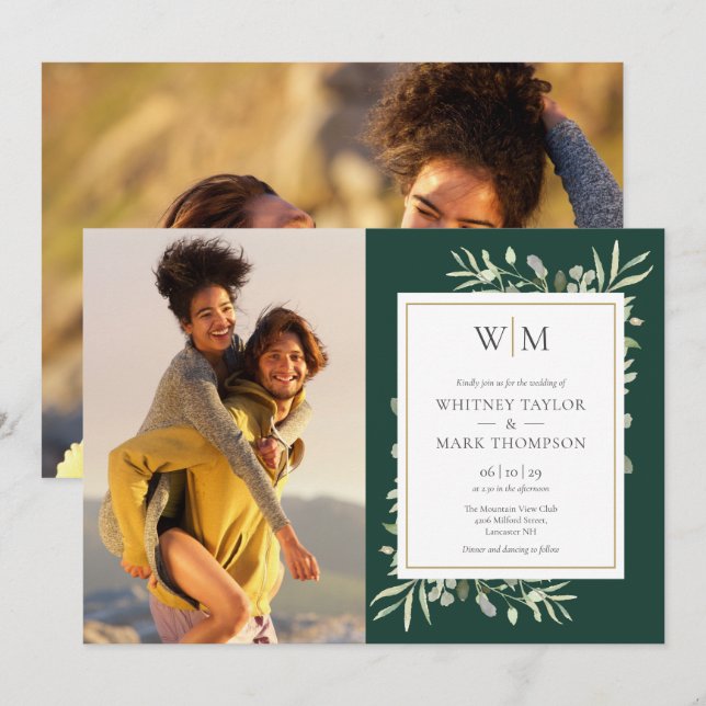 Monogram Foliage Emerald Green Photo Wedding Invitation (Front/Back)
