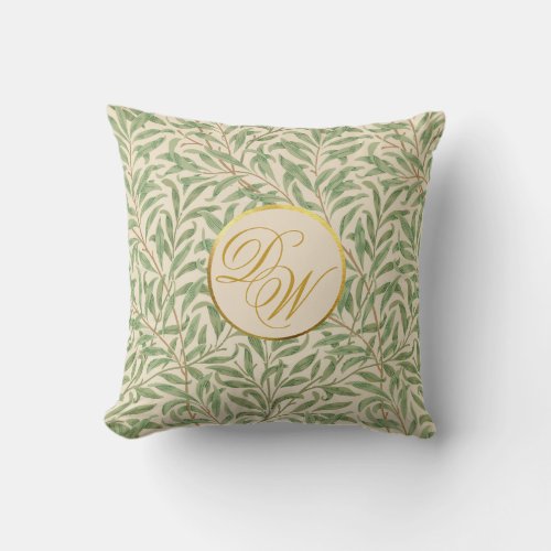 Monogram Foliage Morris Green Leaves Faux Gold Throw Pillow