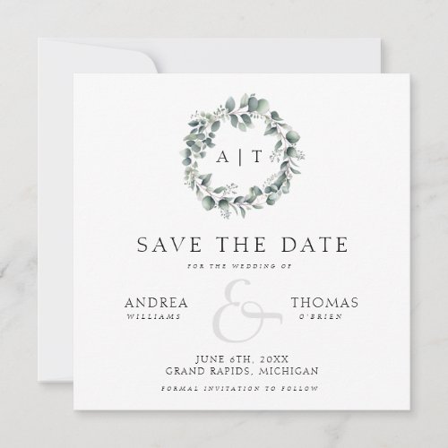 Monogram Foliage Wedding Save The Date Card