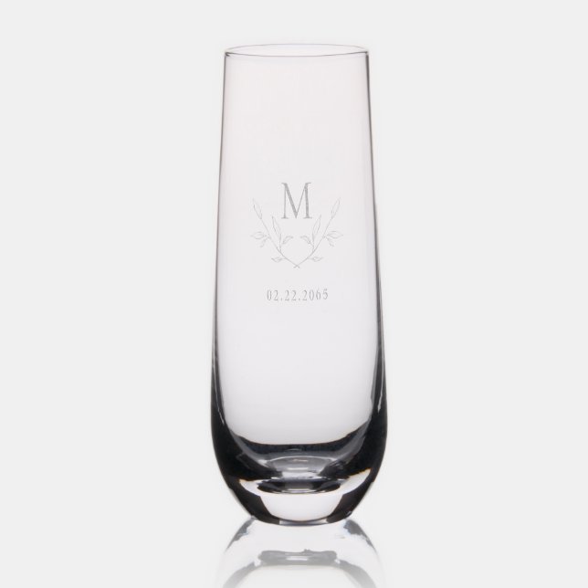 Monogram Foliage Wedding  Stemless Champagne Flute (Glassware)