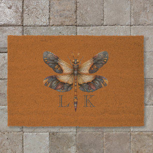 Monogram Folk Art Dragonfly Orange Purple Blue Fiber Doormat
