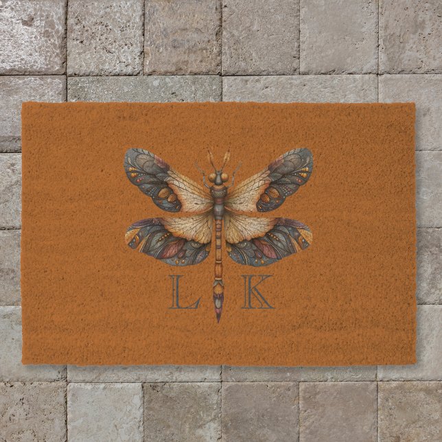 Monogram Folk Art Dragonfly Orange Purple Blue Fiber Doormat (Creator Uploaded)