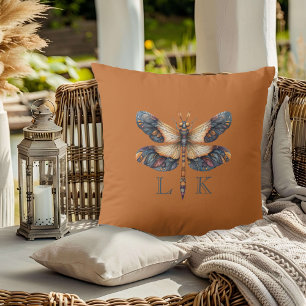 Monogram Folk Art Dragonfly Orange Purple Blue Throw Pillow